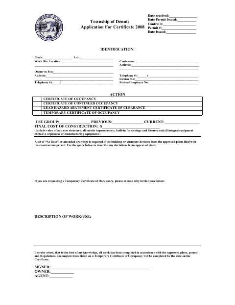 First page of the Application for Certificate of Occupancy