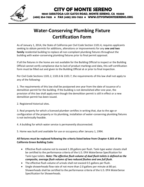 First page of the Water-Conserving Plumbing Fixture Certification Form