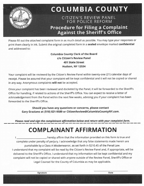 First page of the Procedure and Complaint Form Against the Sheriff's Office