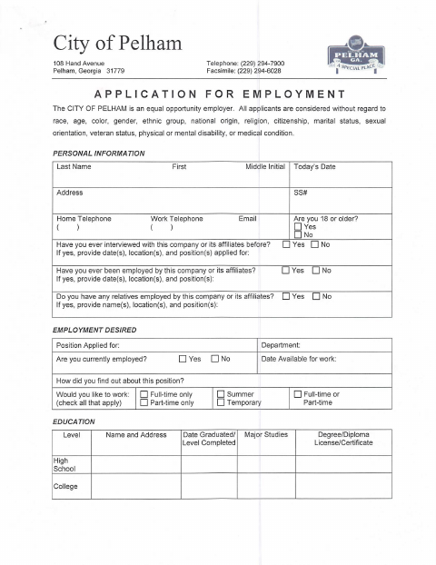 First page of the Application for Employment