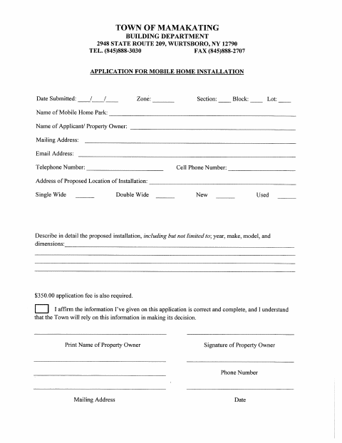 First page of the Mobile Home Permit Application (MH Parks)