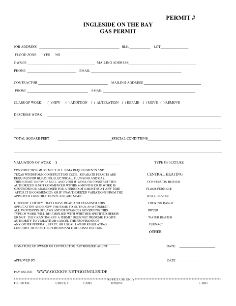 First page of the Gas Permit Application
