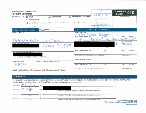First page of the Form 410 Statement of Organization Recipient Committee