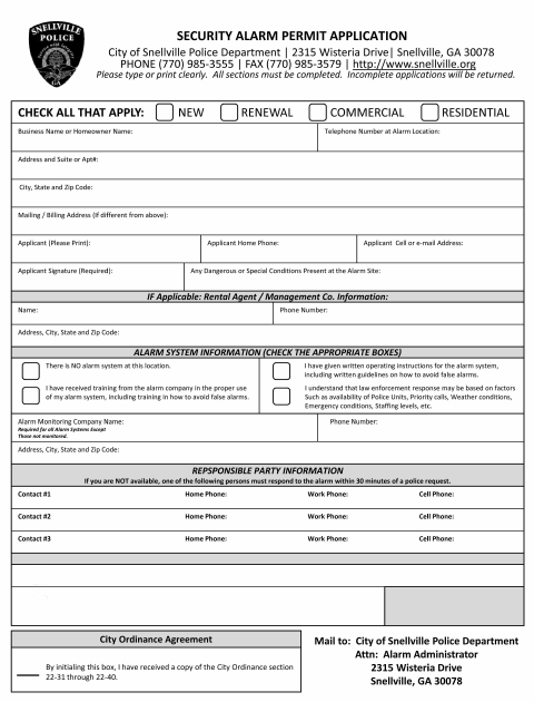 First page of the Security Alarm Permit Application