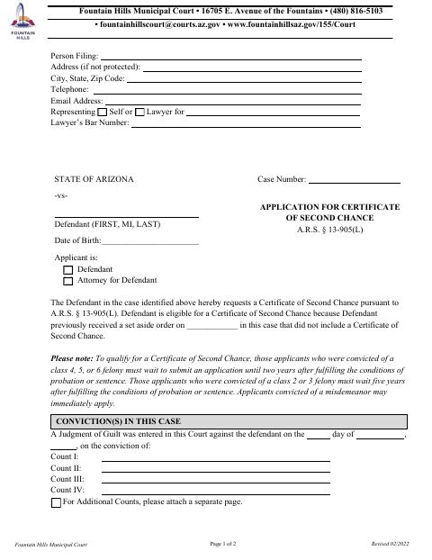 First page of the Application for Certificate of Second Chance