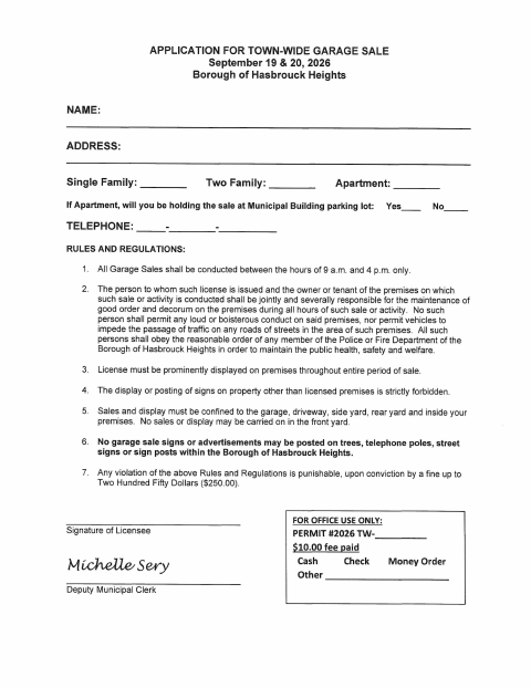 First page of the Town-Wide Garage Sale Application