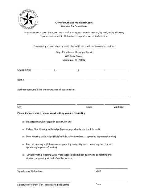 First page of the Request for Court Date