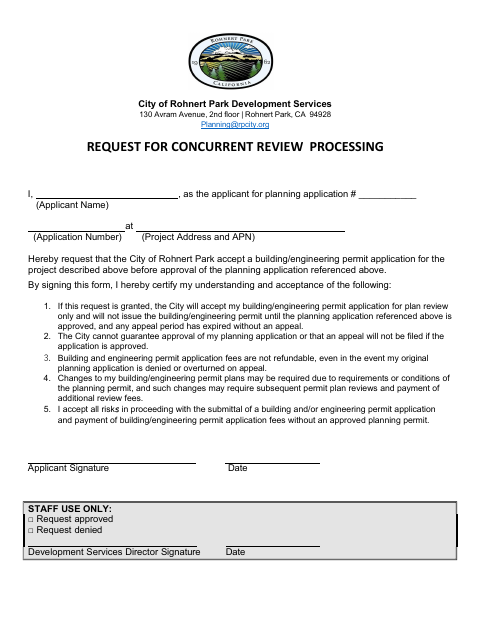 First page of the Request for Concurrent Review Processing