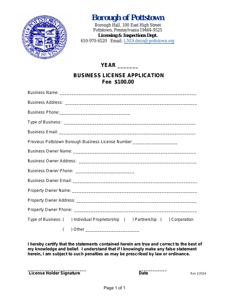 First page of the Business License Application