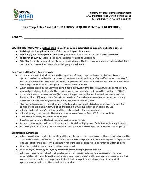 First page of the Hen Coop and Hen Yard Specifications, Requirements, and Guidelines