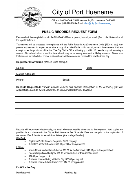 First page of the Public Records Request Form