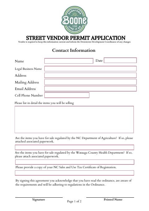 First page of the Downtown Street Vendor Permit Application