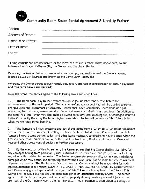 First page of the Community Room Space Rental Agreement & Liability Waiver