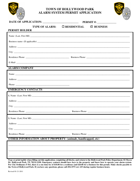 First page of the Alarm System Permit Application