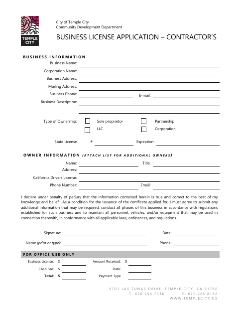 First page of the Business License Application – Contractor’s