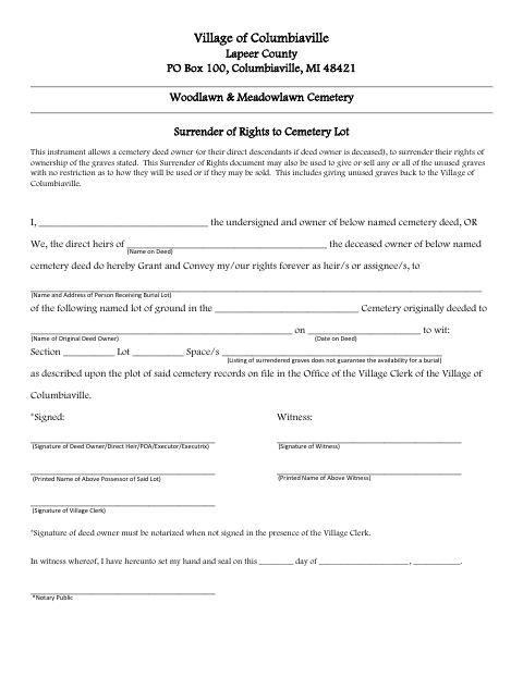 First page of the Cemetery Surrender of Rights