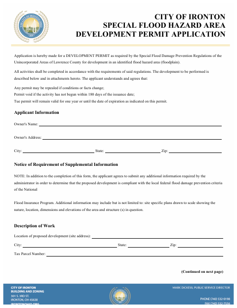 First page of the Special Flood Hazard Area Development Permit Application
