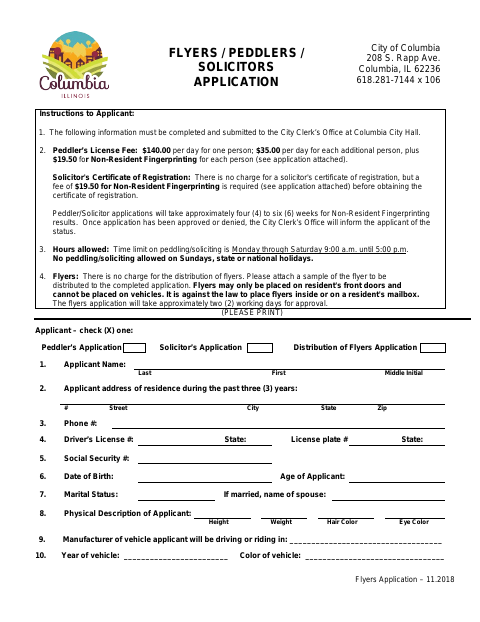 First page of the Flyers / Peddlers / Solicitors Application