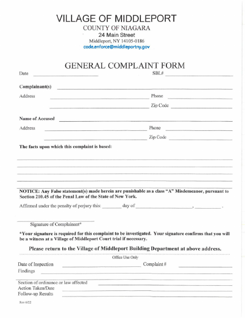First page of the General Complaint Form
