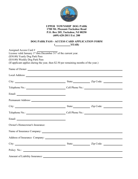 First page of the Dog Park Pass Access Card Application