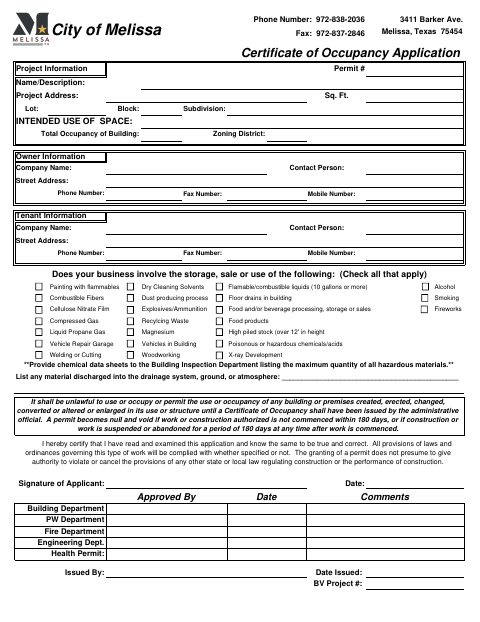 First page of the Certificate of Occupancy Application