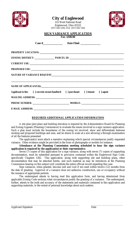 First page of the Sign Variance Application