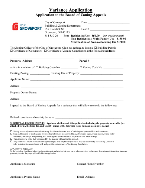 First page of the Variance Application