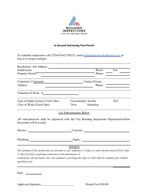 First page of the In-Ground Swimming Pool Permit