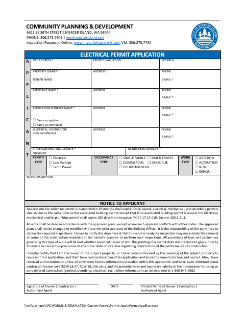 First page of the Electrical Permit Application