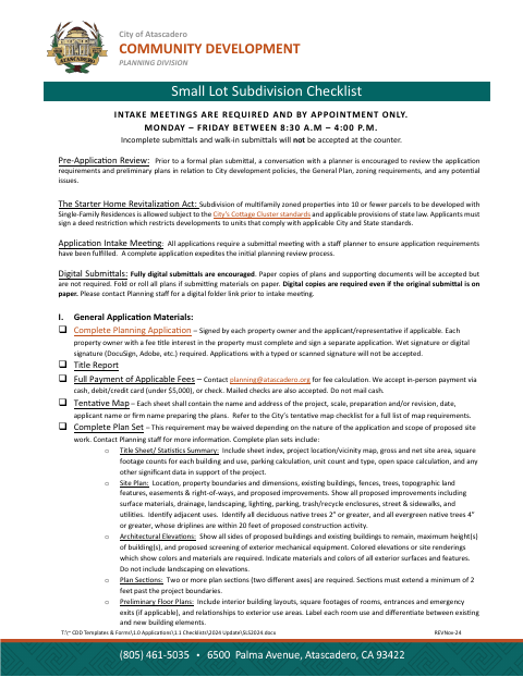 First page of the Small Lot Subdivision Checklist