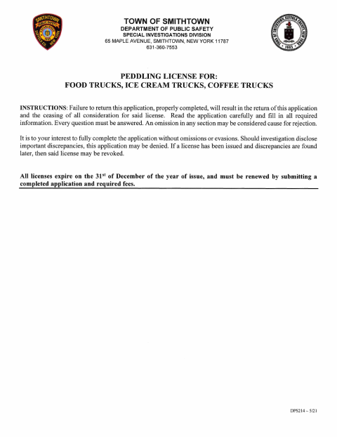 First page of the Peddlers License Application for Food Trucks