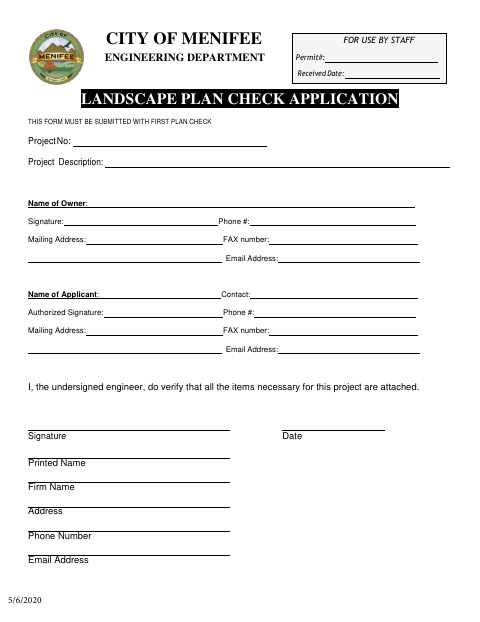 First page of the Landscape Plan Check Application