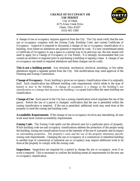 First page of the Change of Occupancy or Use Permit