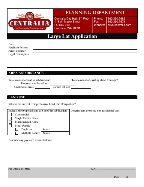 First page of the Large Lot Application
