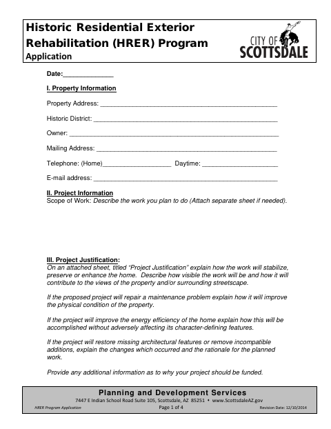First page of the Historic Residential Exterior Rehabilitation Program Application