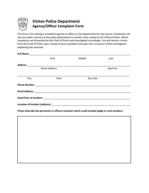 First page of the Agency/Officer Complaint Form
