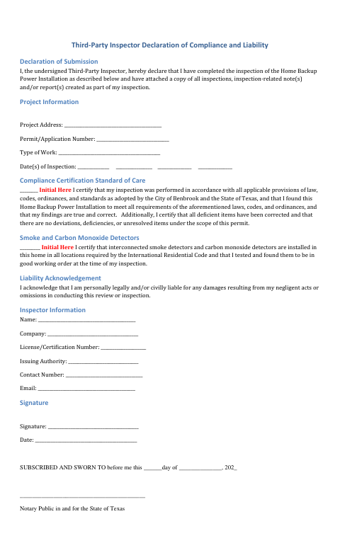 First page of the Third-Party Inspector Declaration of Compliance and Liability