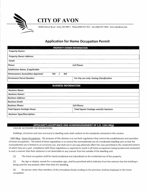 First page of the Home Occupation Permit Application