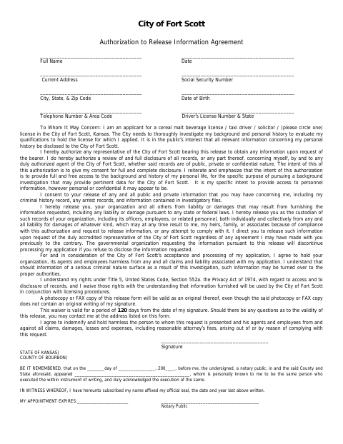 First page of the Authorization to Release Information Agreement