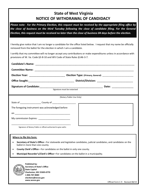 First page of the Notice of Withdrawal of Candidacy