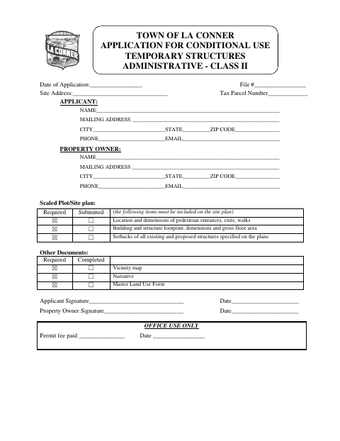 First page of the Application for Conditional Use Temporary Structures Administrative Class II
