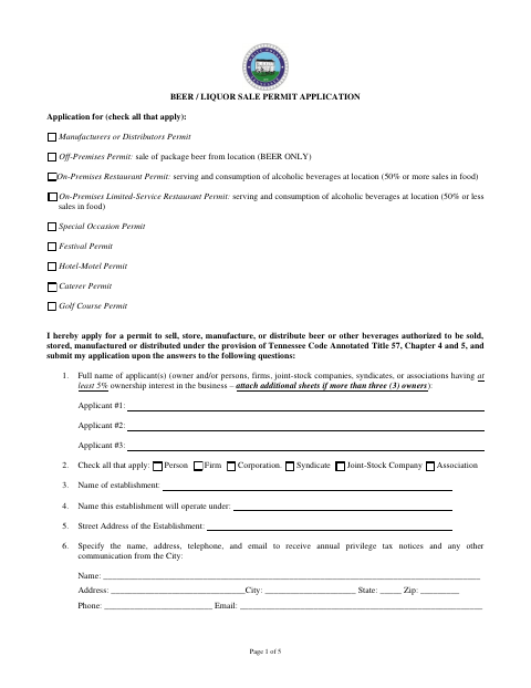 First page of the Beer / Liquor Sale Permit Application