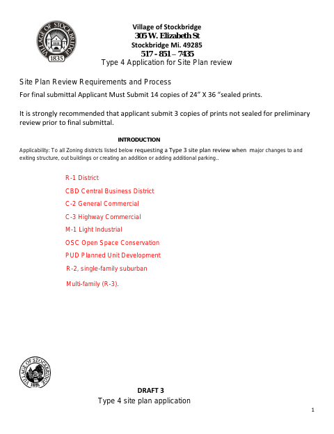 First page of the Type 4 Application for Site Plan Review