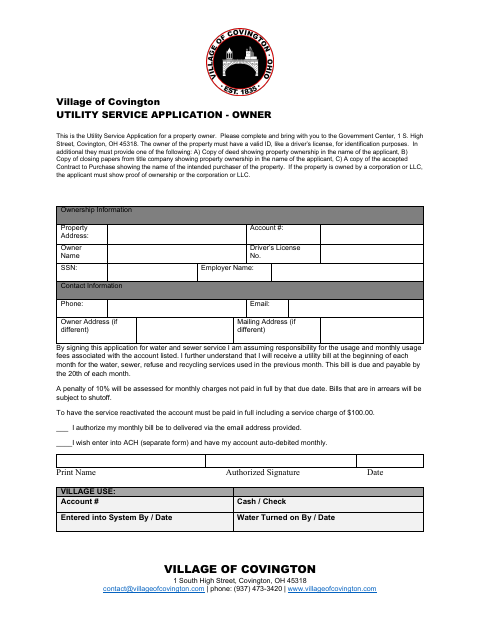 First page of the Utility Service Application - Owner