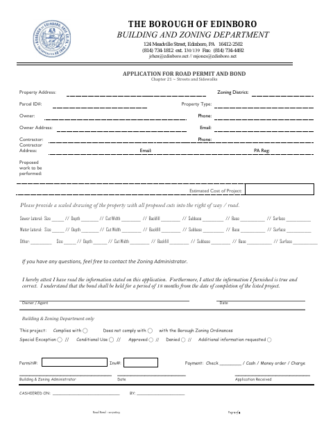 First page of the Application for Road Permit and Bond