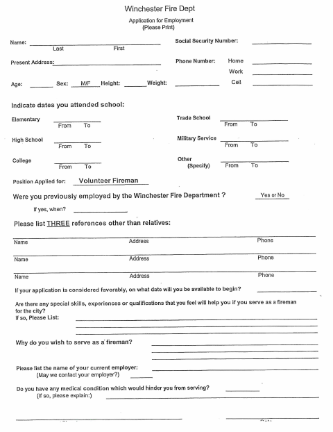 First page of the Volunteer Fireman Application
