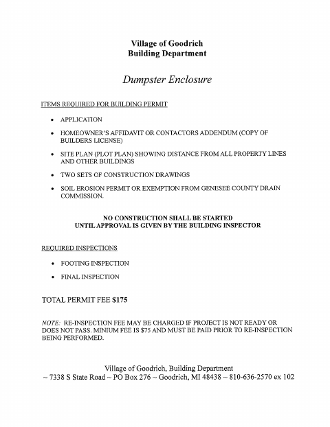 First page of the Commercial Dumpster Enclosure Permit Application