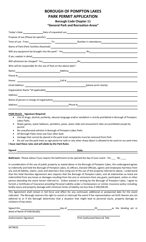First page of the Park Permit Application