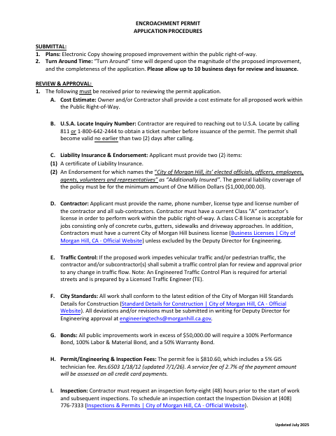 First page of the Encroachment Permit Application