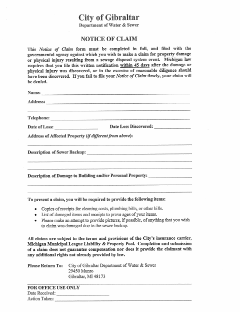 First page of the Sewer Back-Up Claim Form